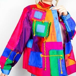 Vintage 80s Boxy Silk Patchwork breaded button up long sleeve jacket multi color